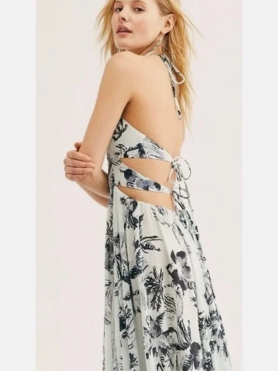 Free People Floral Maxi Dress Open Back Halter Boho Mint XS - Picture 3 of 9